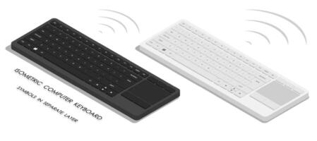 Isometric white and black wireless personal computer keyboards. English letters and symbols on keyboard buttons. Realistic 3D Isolated on white background vector