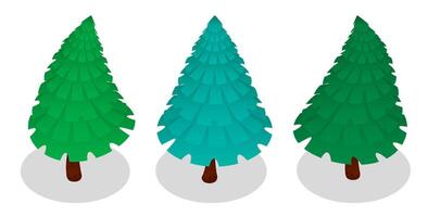 Set of green New Years Christmas trees in isometric in cartoon style. Celebrating new year and christmas. Isolated on white background vector
