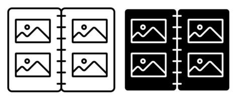 Linear icon. Album with home seed photographs. Collection of memorable photographs in album. Simple black and white on white background vector