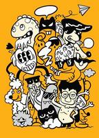 Colorful Quirky Doodle Characters on Orange Background vector