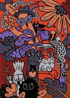 Colorful Whimsical Forest Doodles on Red Background vector