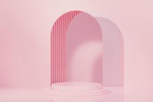 3D rendering image of pink circular pedestal in bright studio photo
