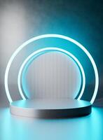 3D rendering image of round pedestal near neon lit arch frame photo