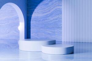 3D rendering image of blue round podiums in contemporary studio photo