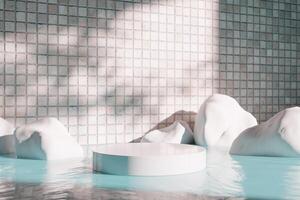 3D rendering image of round podium on water surface near rocks in studio photo