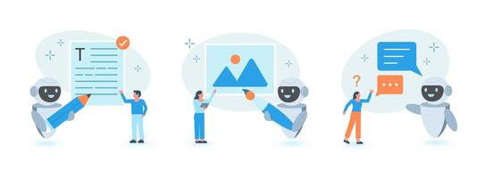 Artificial intelligence set. Characters using Ai technology for copyrighting, image creation and answering questions. AI Assistant, Neural network and chat bot concept. illustration. vector