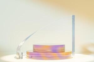 Creative decoration of glass around multicolored podium. 3d render photo