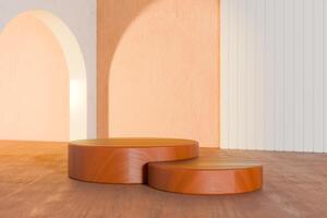 3D rendering image of wooden round podiums in contemporary studio photo