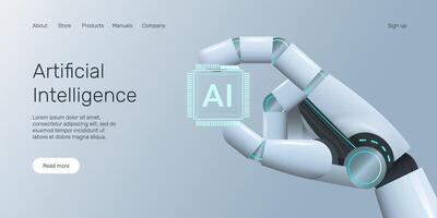 Web banner with robot hand holding processor, technology, machine learning, neural network, Artificial Intelligence landing page concept. vector