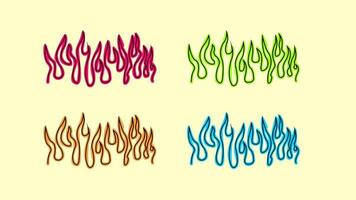 A collection of flame outline designs in four different color variations on a light yellow background. Each set of flames features a unique color scheme pink, green, brown, and blue vector