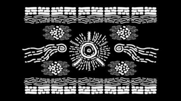 This striking image showcases an abstract tribal doodle art design, rendered in white against a stark black background. The artwork features a symmetrical composition with intricate patterns and shape vector