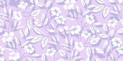 resumen sencillo Violeta ramas con formas salvaje flores, hojas sin costura modelo. pastel púrpura siluetas floral tallos impresión. mano dibujo. naturaleza ornamento para textil, tela, fondo de pantalla vector