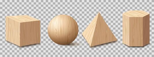 3d style realistic wooden textured cube,ball,pyramid, hexagonal prizm vector