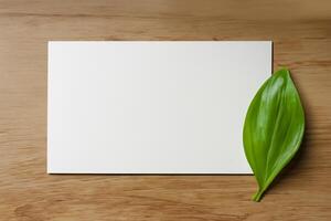 Wooden Background Combined with Leaves Enhances the Elegance of Paper, Creating a Stunning Composition Inspired by Nature's Harmony photo