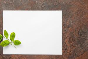 Beautiful Mockup Paper on Wooden Background Combined with Leaves, Creating a Charming and Natural Setting for Creative Designs and Artistic Presentations photo