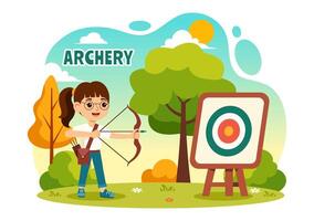 ilustración de tiro al arco deporte con un arco y flecha puntería a un objetivo, representando un al aire libre recreativo actividad en un plano dibujos animados antecedentes vector