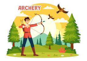 ilustración de tiro al arco deporte con un arco y flecha puntería a un objetivo, representando un al aire libre recreativo actividad en un plano dibujos animados antecedentes vector