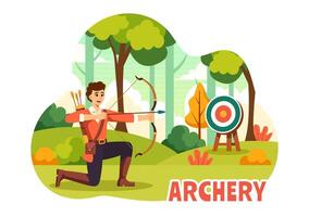 ilustración de tiro al arco deporte con un arco y flecha puntería a un objetivo, representando un al aire libre recreativo actividad en un plano dibujos animados antecedentes vector