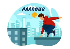 parkour Deportes ilustración presentando joven hombres saltando terminado paredes y barreras en ciudad calle y edificio en un plano estilo dibujos animados antecedentes vector