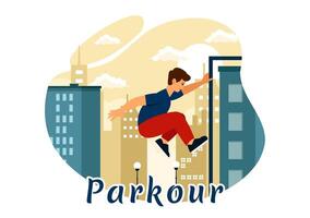 parkour Deportes ilustración presentando joven hombres saltando terminado paredes y barreras en ciudad calle y edificio en un plano estilo dibujos animados antecedentes vector