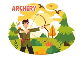 ilustración de tiro al arco deporte con un arco y flecha puntería a un objetivo, representando un al aire libre recreativo actividad en un plano dibujos animados antecedentes vector