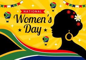 contento De las mujeres día en sur África celebracion ilustración con un étnico negro mujer y ondulación bandera en un nacional fiesta plano antecedentes vector