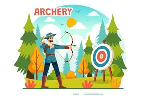 ilustración de tiro al arco deporte con un arco y flecha puntería a un objetivo, representando un al aire libre recreativo actividad en un plano dibujos animados antecedentes vector