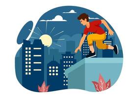 Parkour Sports Illustration featuring Young Men Jumping Over Walls and Barriers in City Street and Building in a Flat Style Cartoon Background vector