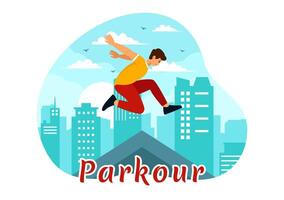 parkour Deportes ilustración presentando joven hombres saltando terminado paredes y barreras en ciudad calle y edificio en un plano estilo dibujos animados antecedentes vector