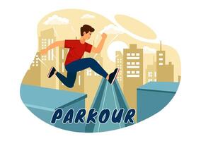 parkour Deportes ilustración presentando joven hombres saltando terminado paredes y barreras en ciudad calle y edificio en un plano estilo dibujos animados antecedentes vector