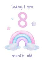 Baby Milestone Card of Cute rainbow, clouds and stars . Baby's eight month. Eight months of baby girl. Monthly numbers cards. Newborn month postcard. Card for kids' photos. vector