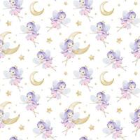 Cute Little fairies crescent moons and stars. Children's background. Watercolor baby seamless pattern for design kid's goods, postcards, baby shower and children's room vector