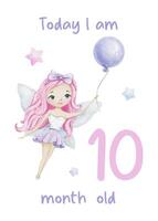 bebé hito tarjeta de linda pequeño hada con aire globo y estrellas. del bebe diez mes. diez meses de bebé muchacha. mensual números tarjetas recién nacido mes tarjeta postal. tarjeta para niños' fotos vector