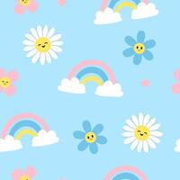 Seamless pattern with cute kawaii flowers and rainbows in pastel colors. graphics. vector