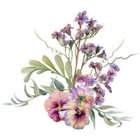 Hand drawn watercolor illustration botanical flowers leaves. Mauve pansy viola violet, willow eucalyptus branch, bergenia heliotrope lungwort, tendrils. Bouquet isolated white. Design wedding, cards vector