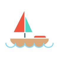 Sailboat set icon. Tan boat, red and green sails, blue waves, maritime, sailing, nautical, travel, adventure, recreation, water sport. vector