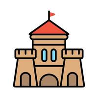 castillo conjunto icono. bronceado fortaleza, rojo techo, azul ventanas, medieval arquitectura, fortaleza, histórico edificio, torre, foso, almenas. vector