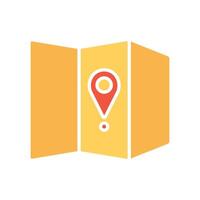 Map set icon. Yellow map, red location pin, pointer, route, location, navigation, travel, geography, direction, destination, journey, route, exploration. vector
