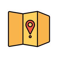 Map set icon. Yellow map, red location pin, pointer, route, location, navigation, travel, geography, direction, destination, journey, route, exploration. vector