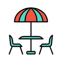 Outdoor cafe set icon. Table with umbrella, two chairs, red and green colors, patio furniture, dining, leisure, relaxation, summer, social. vector