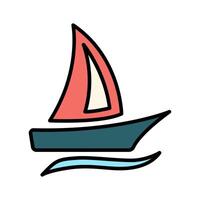 Sailboat set icon. Tan boat, red and green sails, blue waves, maritime, sailing, nautical, travel, adventure, recreation, water sport. vector