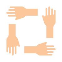 Teamwork icon. Four hands in a square, collaboration, unity, cooperation, support, teamwork, working together. vector