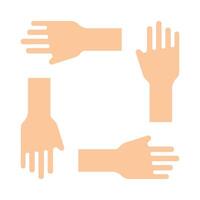 Teamwork icon. Four hands in a square, collaboration, unity, cooperation, support, teamwork, working together. vector