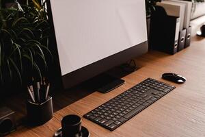 3D render of empty modern office with computers and furniture photo