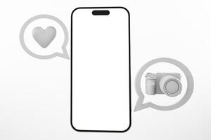 3D illustration of blank smartphone with chat bubbles displaying heart and camera symbols photo