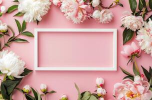 White Frame With Flowers on Pink Background photo