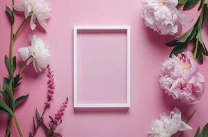 White Frame With Flowers on Pink Background photo