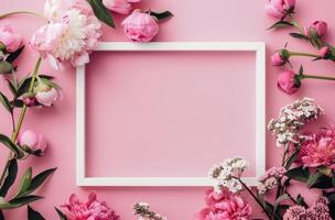 White Frame With Flowers on Pink Background photo