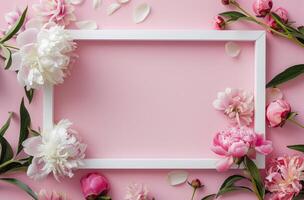 White Frame With Flowers on Pink Background photo