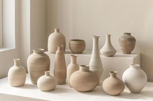 Group of White Vases on Table photo